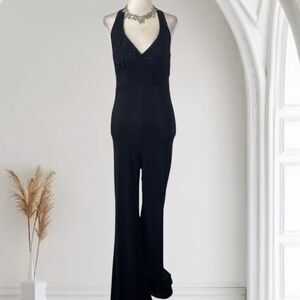 Early 2000’s Party Halter Flare Black Flared Leg One Piece Jumpsuit Romper M
